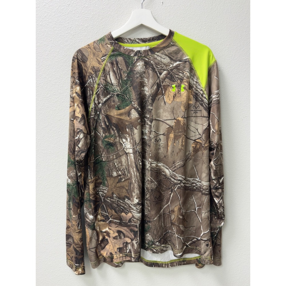 Under Armour Realtree Camo Shirt Mens XL Brown Neon Yellow Long Sleeve